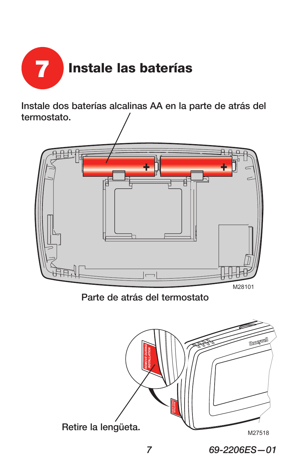 Instale las baterías | Honeywell RTH7600 User Manual | Page 39 / 60