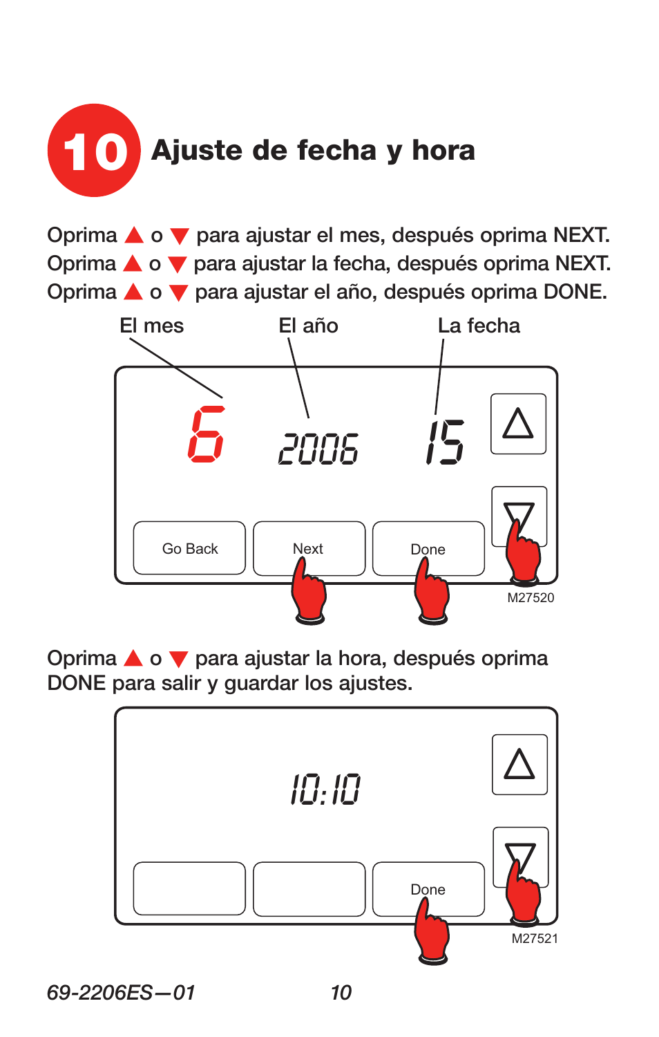 Ajuste de fecha y hora | Honeywell RTH7600 User Manual | Page 42 / 60