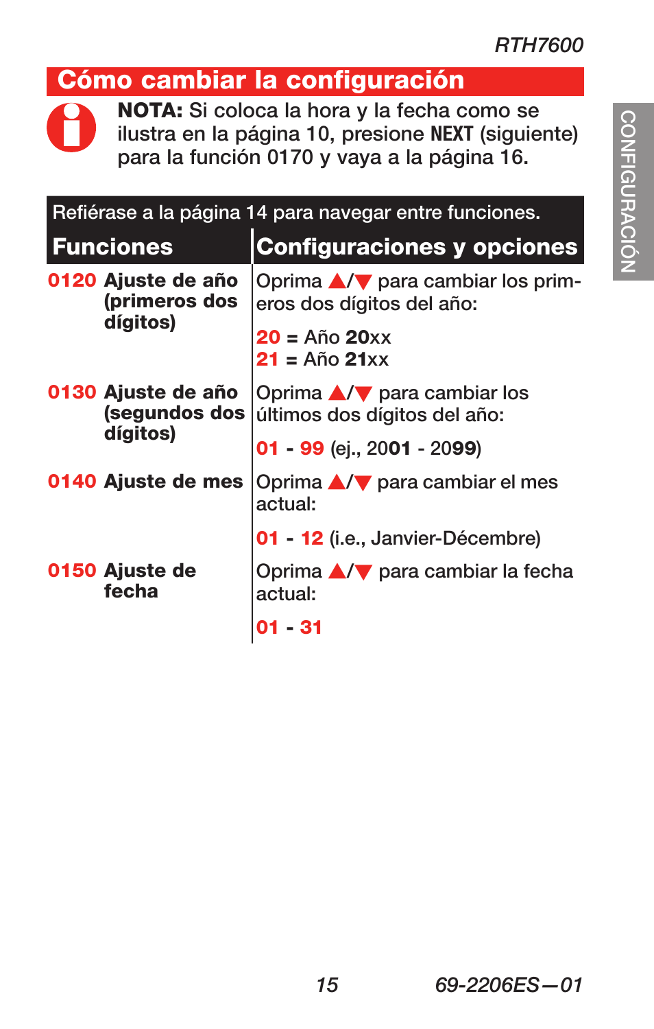 About your new thermostat, Cómo cambiar la configuración, Funciones configuraciones y opciones | Honeywell RTH7600 User Manual | Page 47 / 60