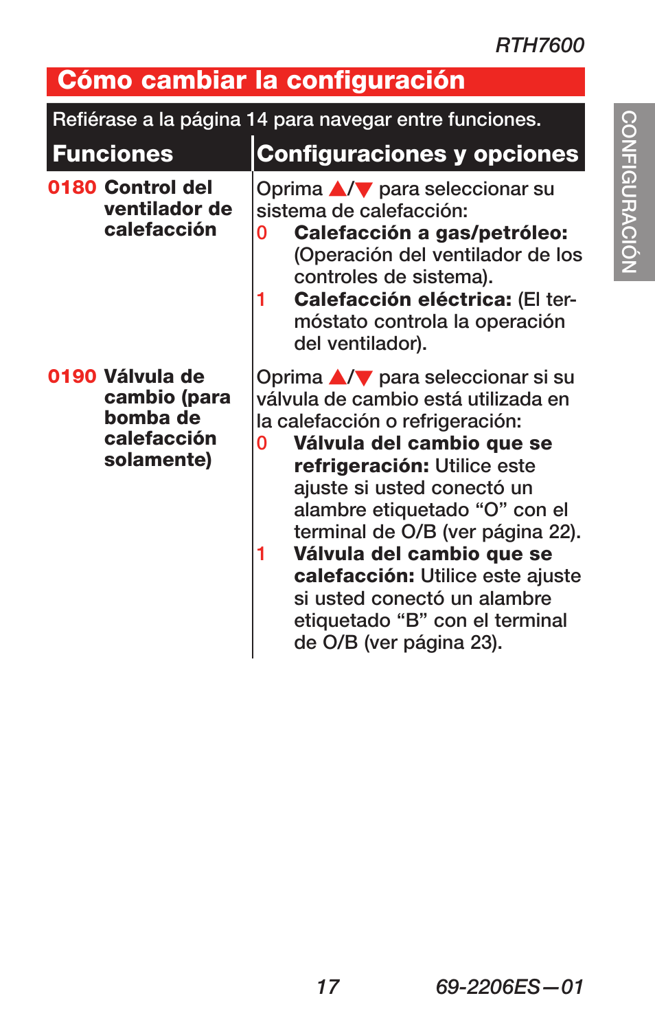 About your new thermostat, Cómo cambiar la configuración, Funciones configuraciones y opciones | Honeywell RTH7600 User Manual | Page 49 / 60