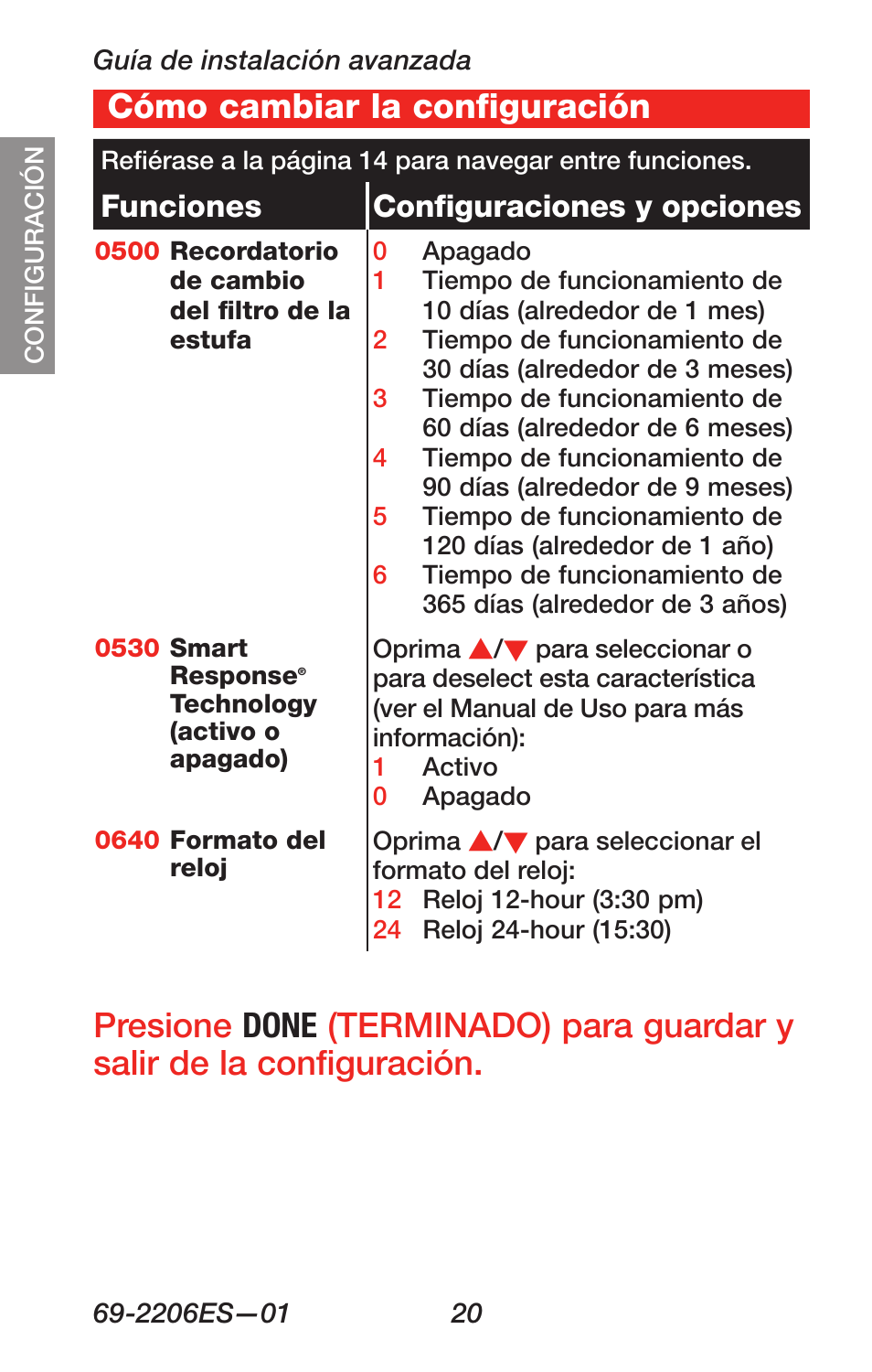 About your new thermostat, Cómo cambiar la configuración, Funciones configuraciones y opciones | Honeywell RTH7600 User Manual | Page 52 / 60