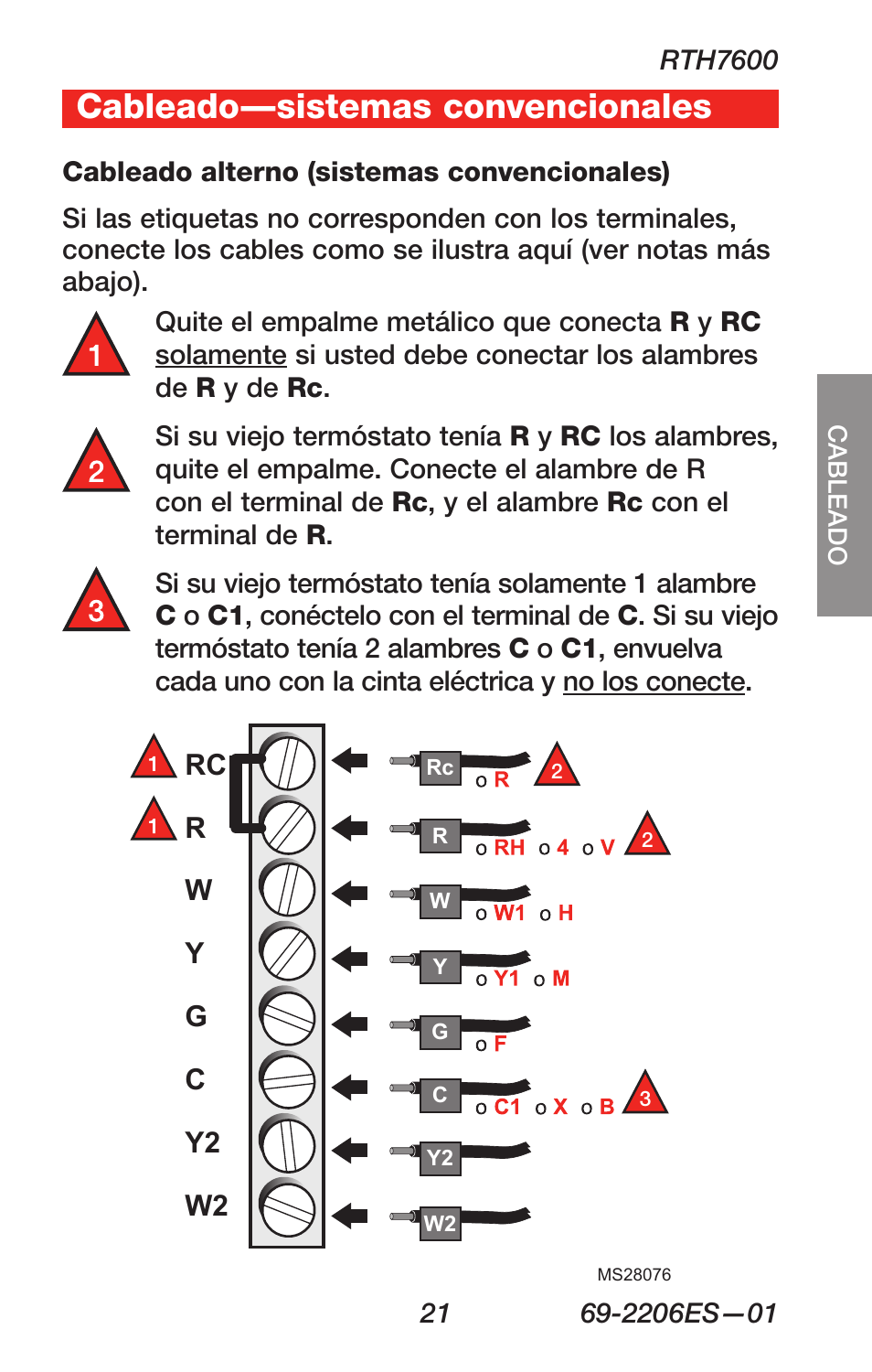 About your new thermostat, Cableado—sistemas convencionales | Honeywell RTH7600 User Manual | Page 53 / 60