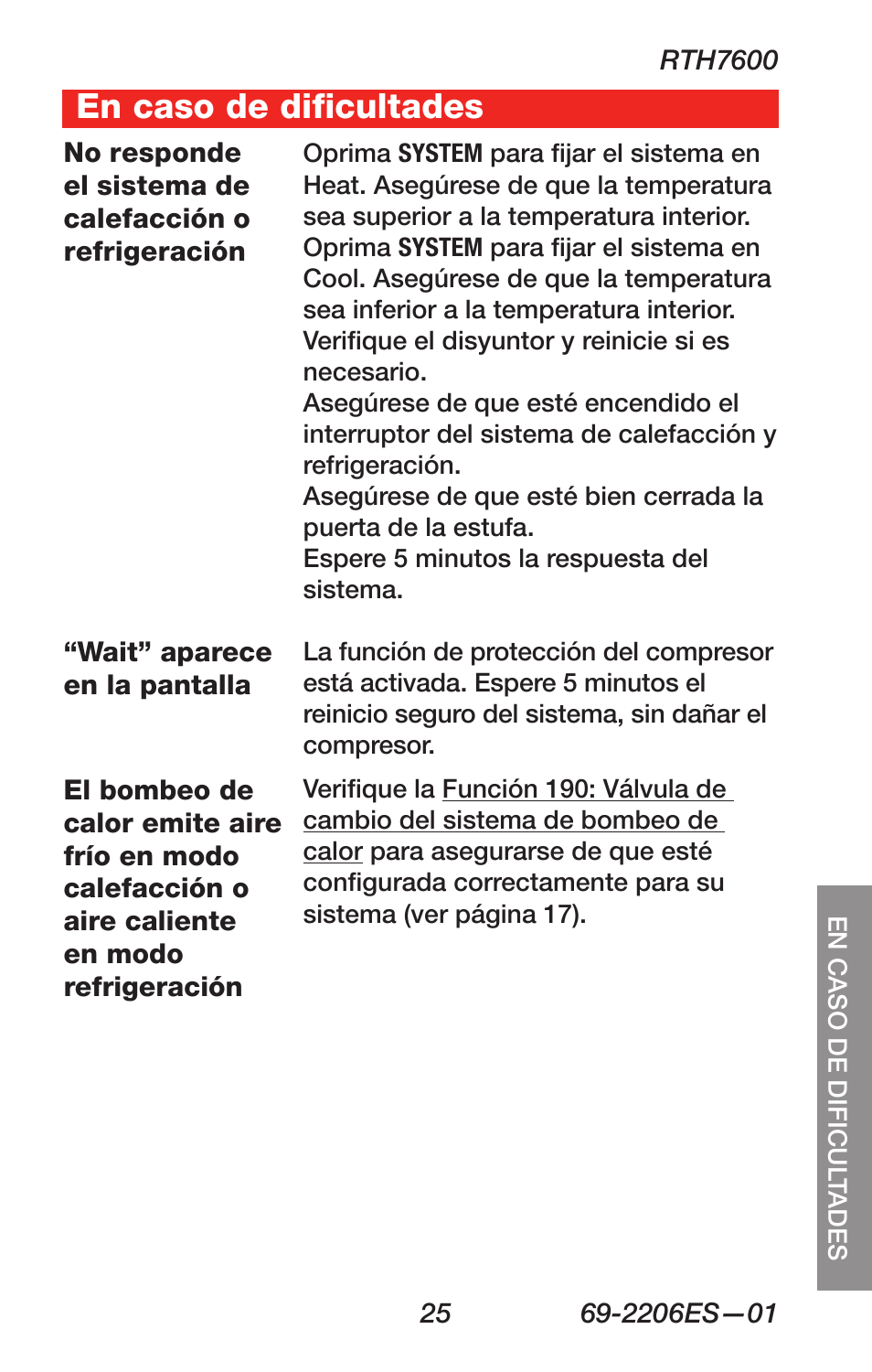 En caso de dificultades | Honeywell RTH7600 User Manual | Page 57 / 60