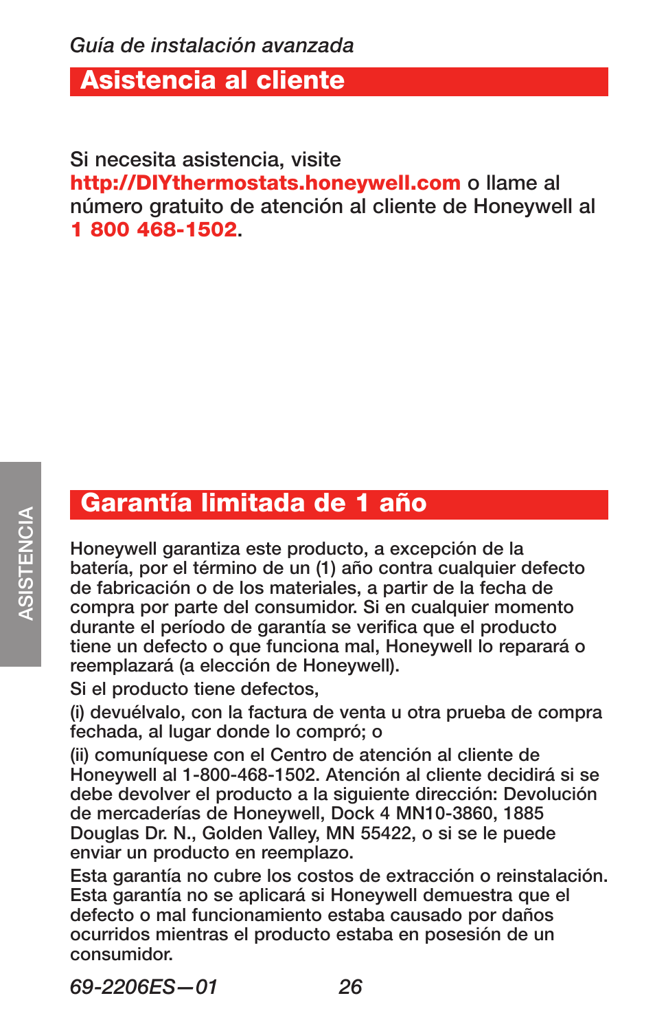 Asistencia al cliente, Garantía limitada de 1 aсo | Honeywell RTH7600 User Manual | Page 58 / 60