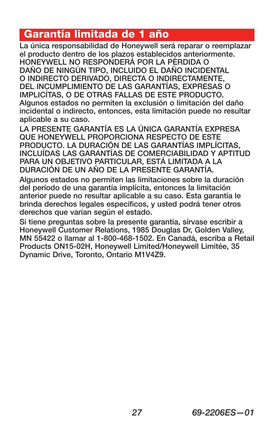 Garantía limitada de 1 año | Honeywell RTH7600 User Manual | Page 59 / 60