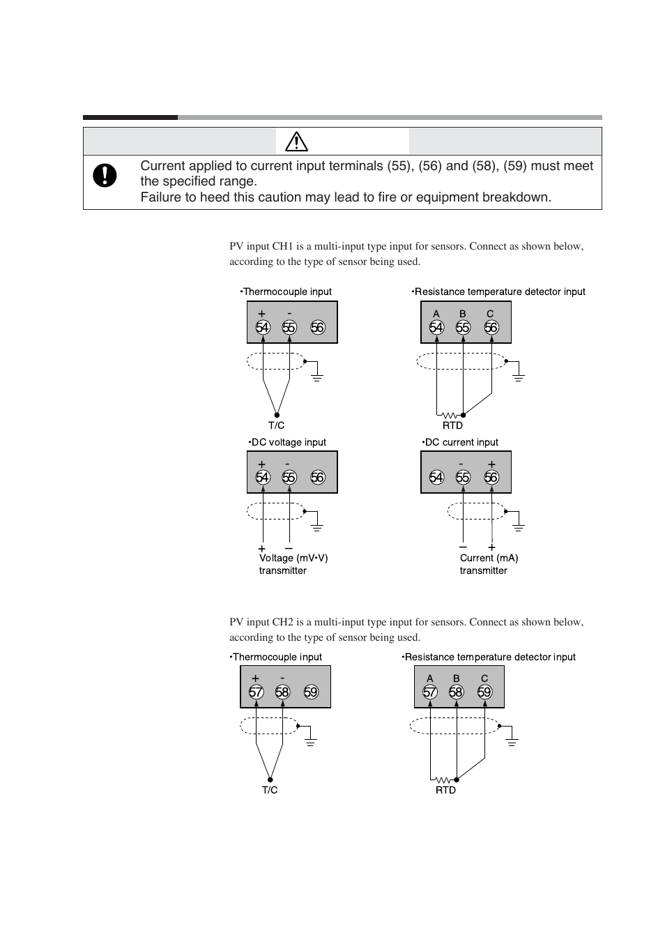 6 pv input (analog input) connection, 4 - 6 pv input (analog input) connection, Caution | Honeywell DCP552 Mark II User Manual | Page 35 / 247