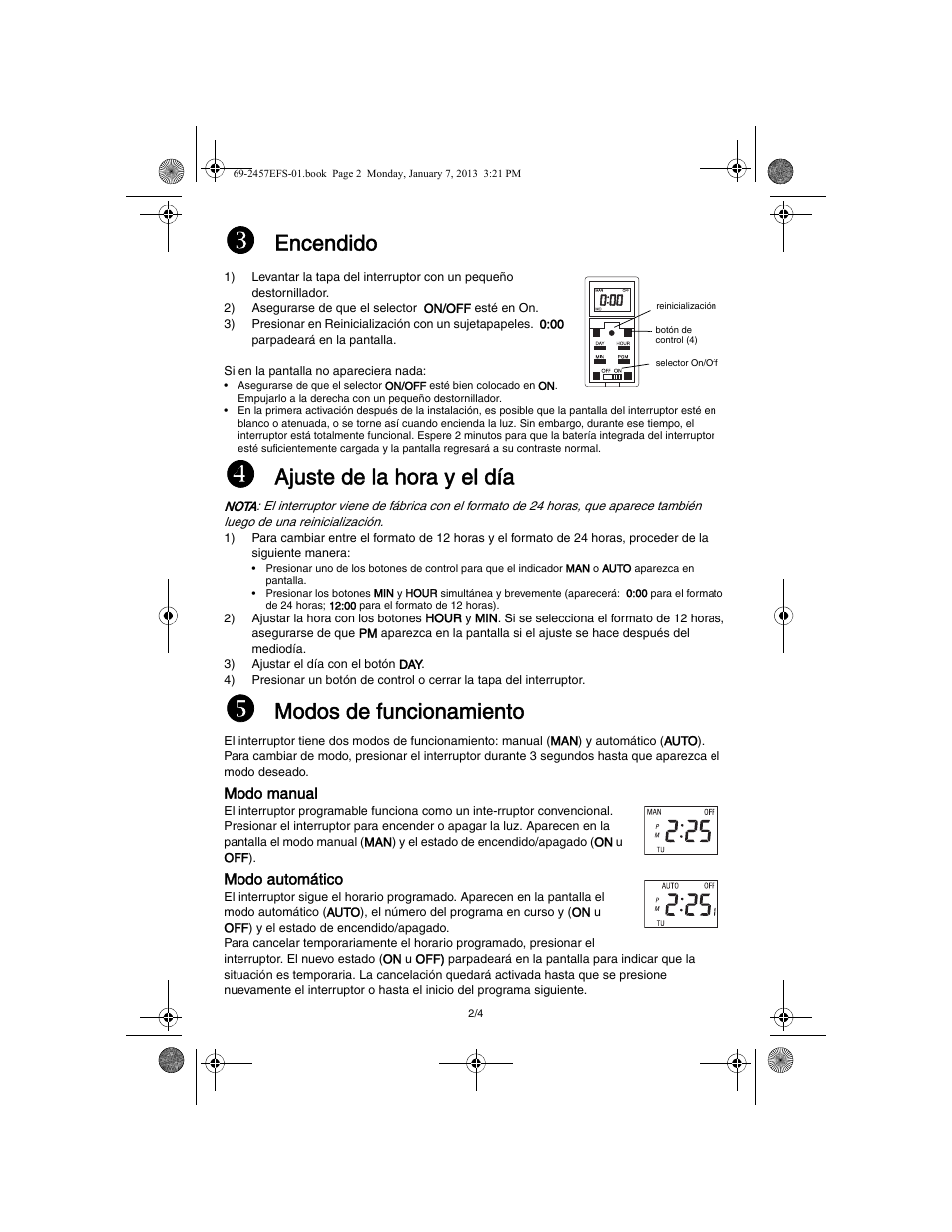 Encendido, Ajuste de la hora y el día, Modos de funcionamiento | Honeywell RPLS731B User Manual | Page 10 / 12