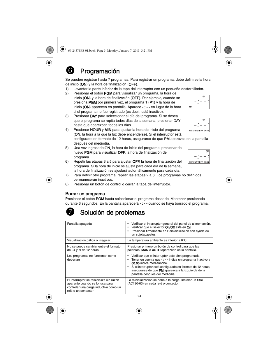 Programación, Solución de problemas | Honeywell RPLS731B User Manual | Page 11 / 12