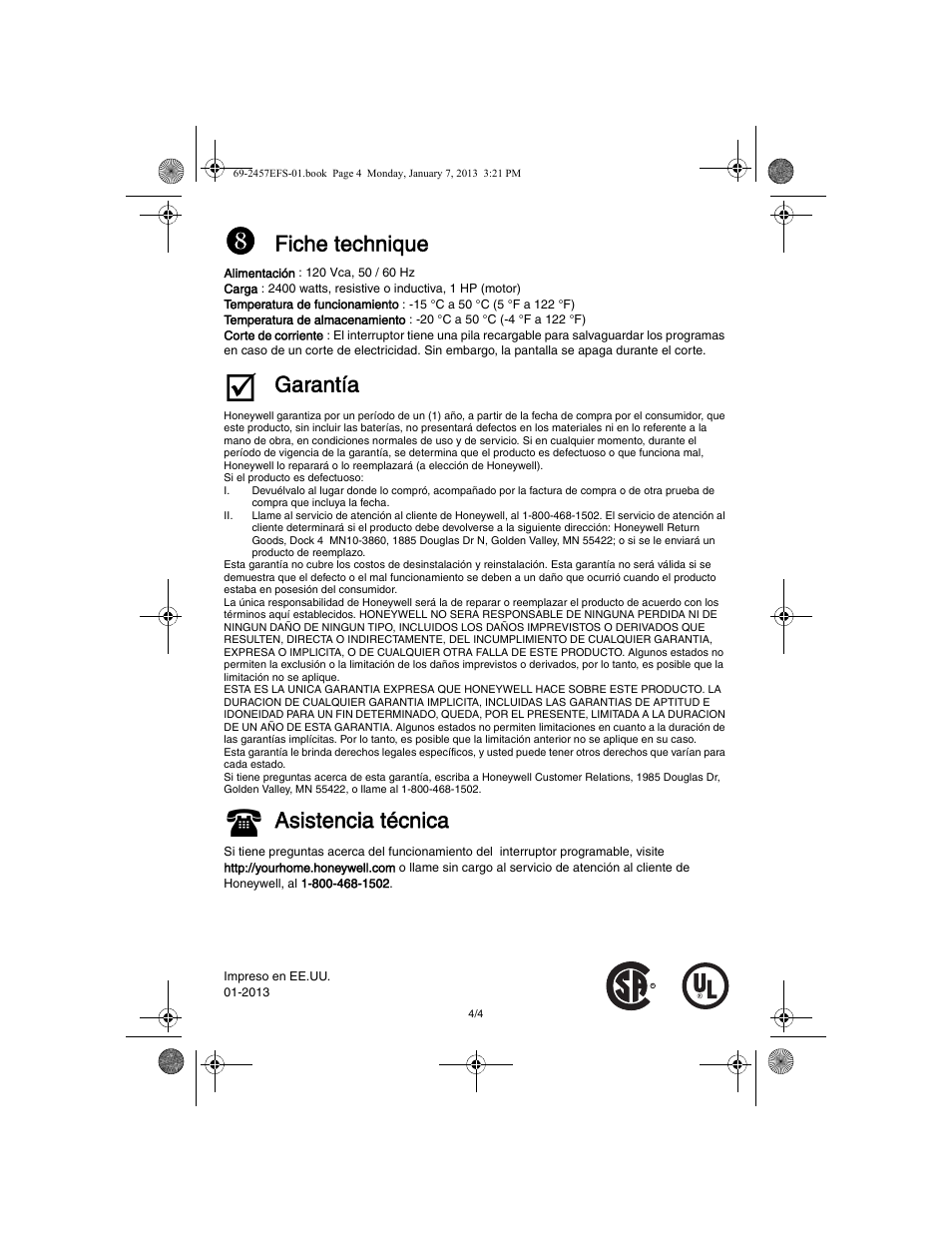 Fiche technique, Garantía, Asistencia técnica | Honeywell RPLS731B User Manual | Page 12 / 12