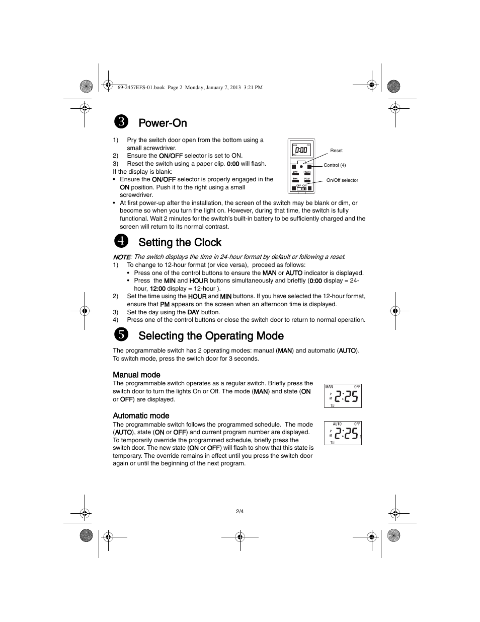 Power-on, Setting the clock, Selecting the operating mode | Honeywell RPLS731B User Manual | Page 2 / 12