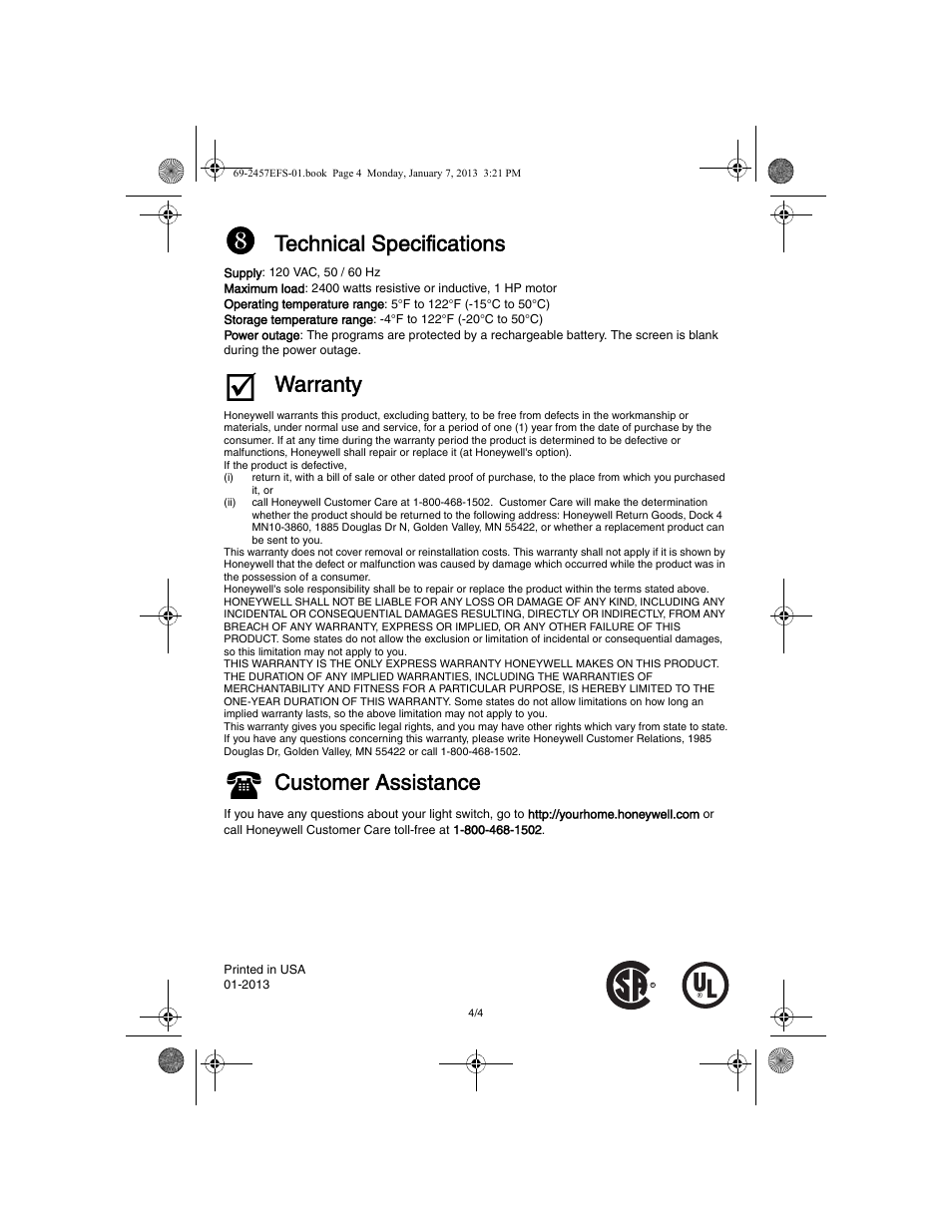 Technical specifications, Warranty, Customer assistance | Honeywell RPLS731B User Manual | Page 4 / 12