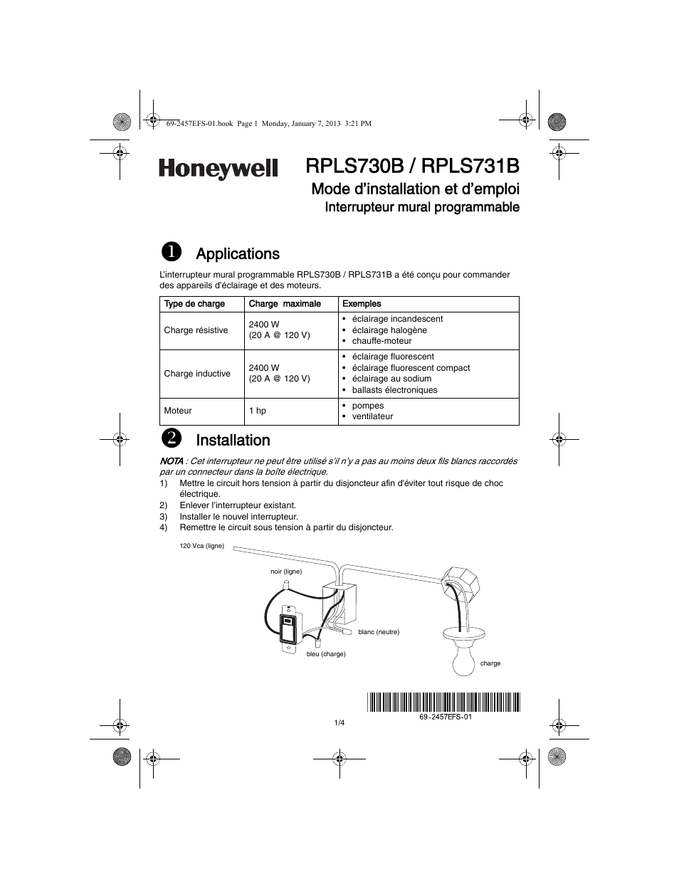 Applications, Installation, Mode d’installation et d’emploi | Interrupteur mural programmable | Honeywell RPLS731B User Manual | Page 5 / 12