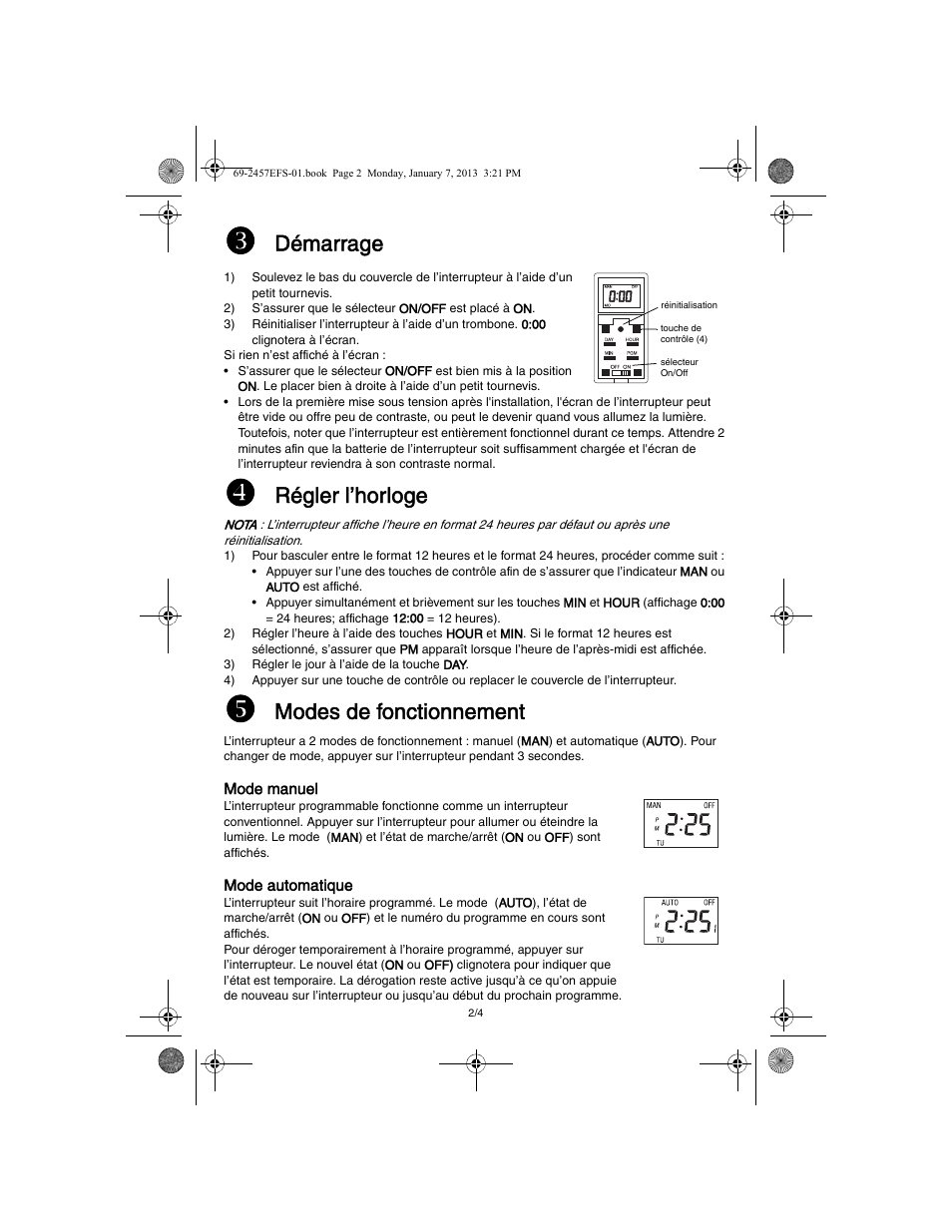Démarrage, Régler l’horloge, Modes de fonctionnement | Honeywell RPLS731B User Manual | Page 6 / 12