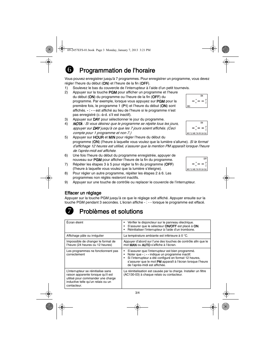 Programmation de l’horaire, Problèmes et solutions | Honeywell RPLS731B User Manual | Page 7 / 12