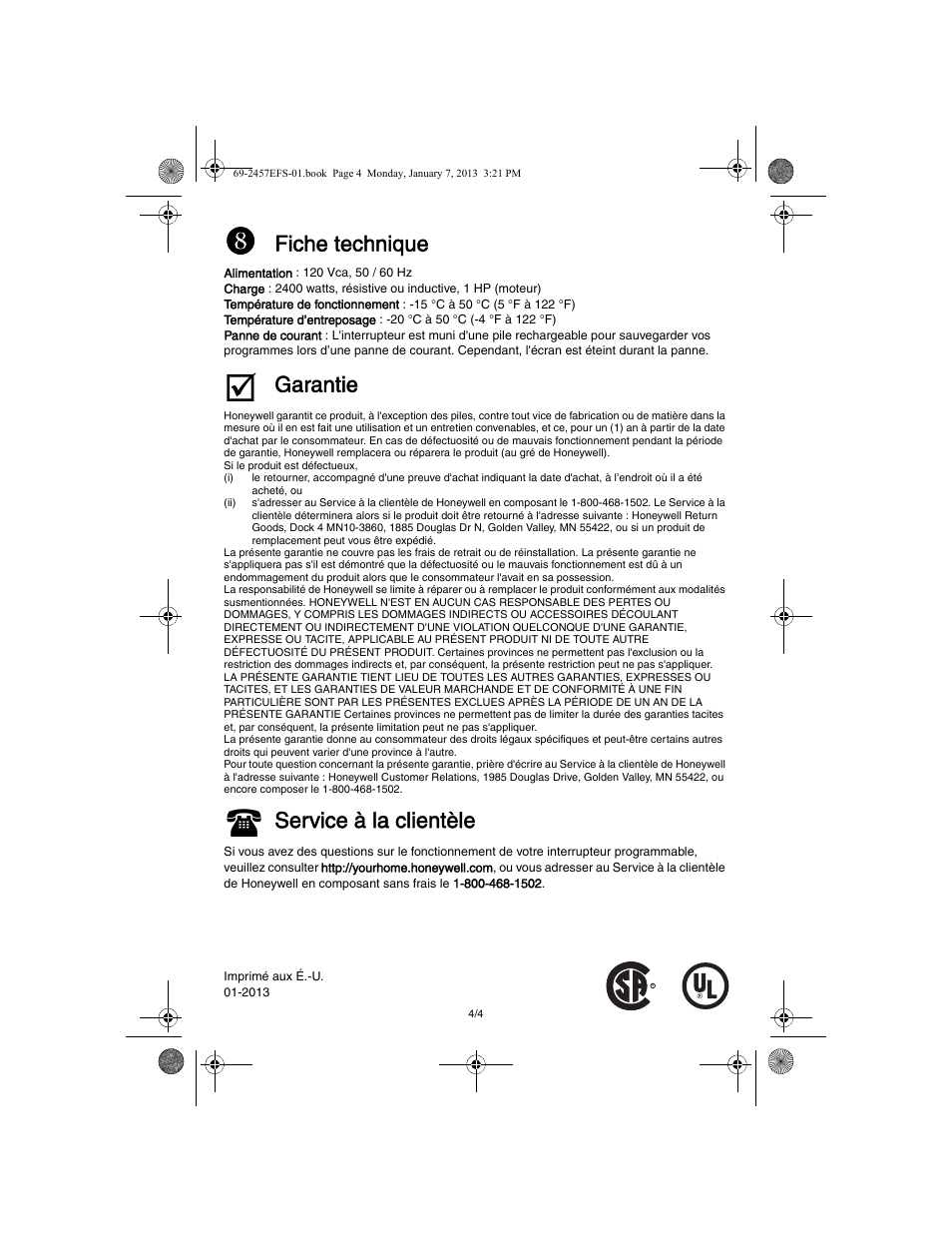 Fiche technique, Garantie, Service à la clientèle | Honeywell RPLS731B User Manual | Page 8 / 12