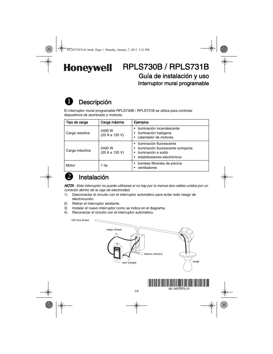 Descripción, Instalación, Guía de instalación y uso | Interruptor mural programable | Honeywell RPLS731B User Manual | Page 9 / 12