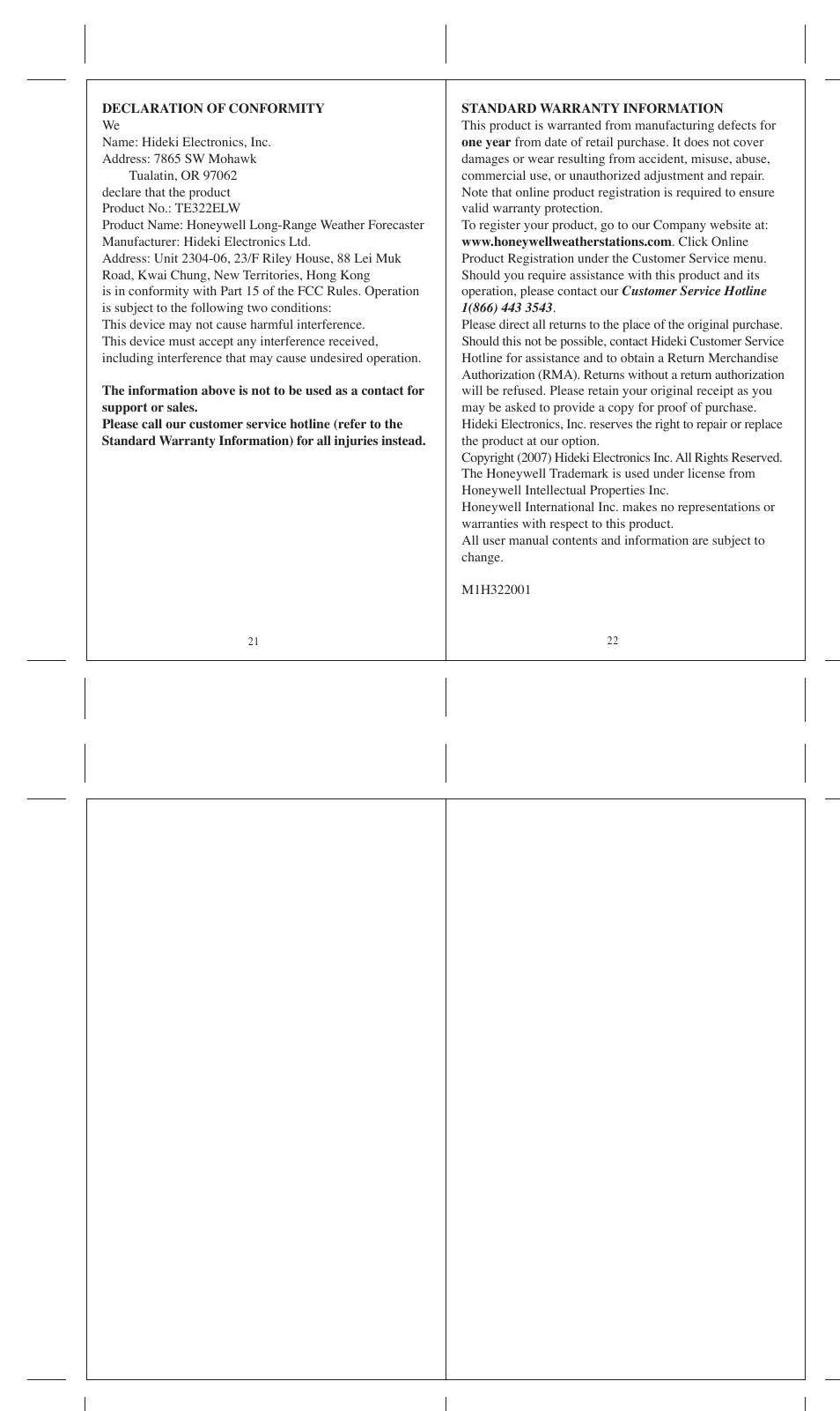 Honeywell TE322ELW User Manual | Page 6 / 6
