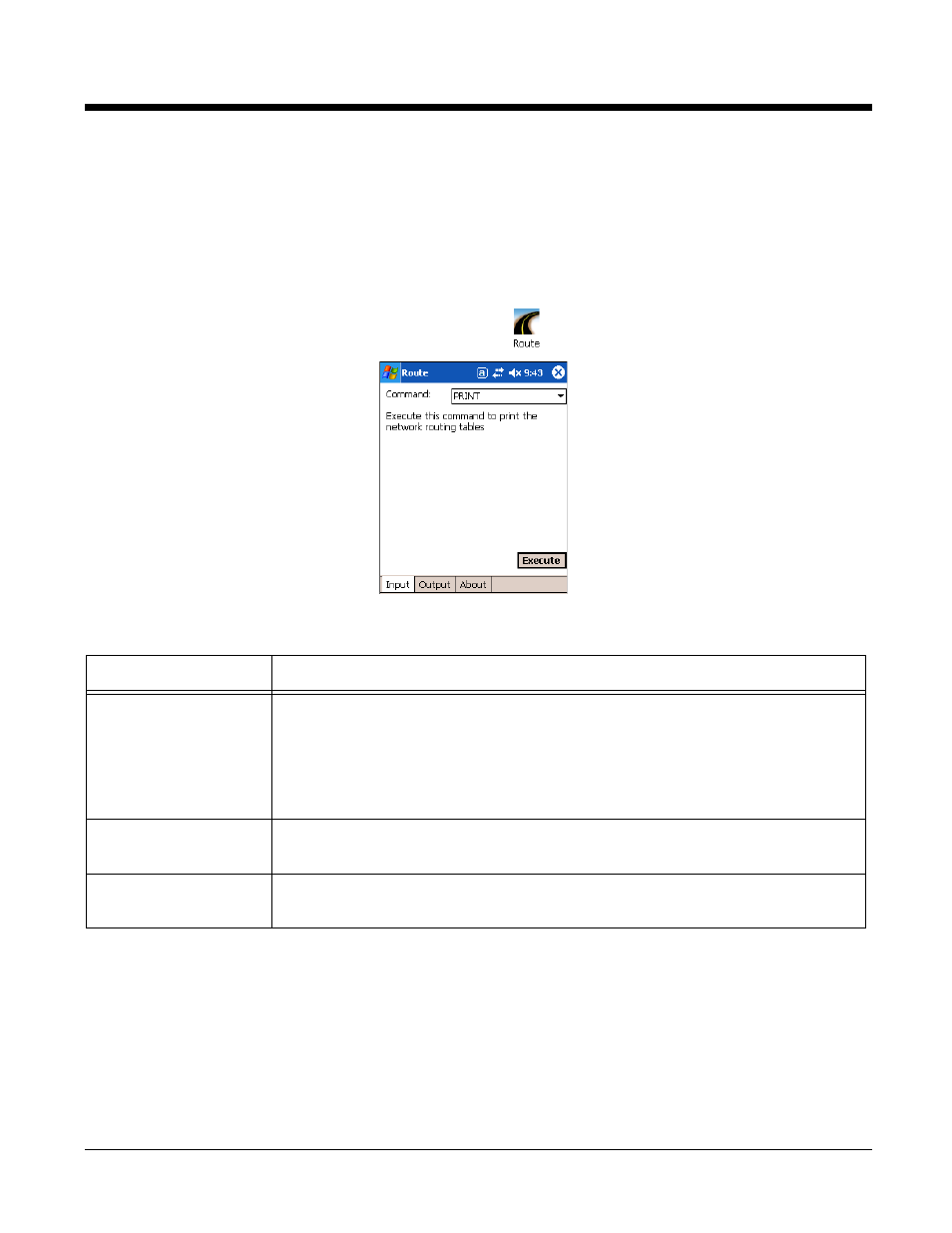Route, Using the input tab, Output tab | To print network routing tables, Route -6 | Honeywell 9900 User Manual | Page 144 / 170