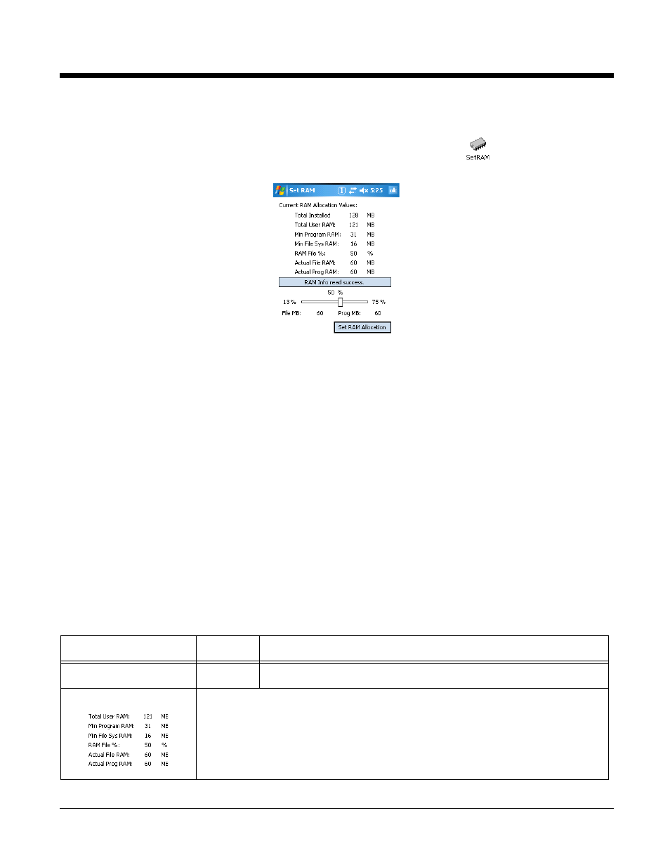 Accessing setram, Ram memory allocation in deviceconfig, Setram window | Honeywell 9900 User Manual | Page 162 / 170
