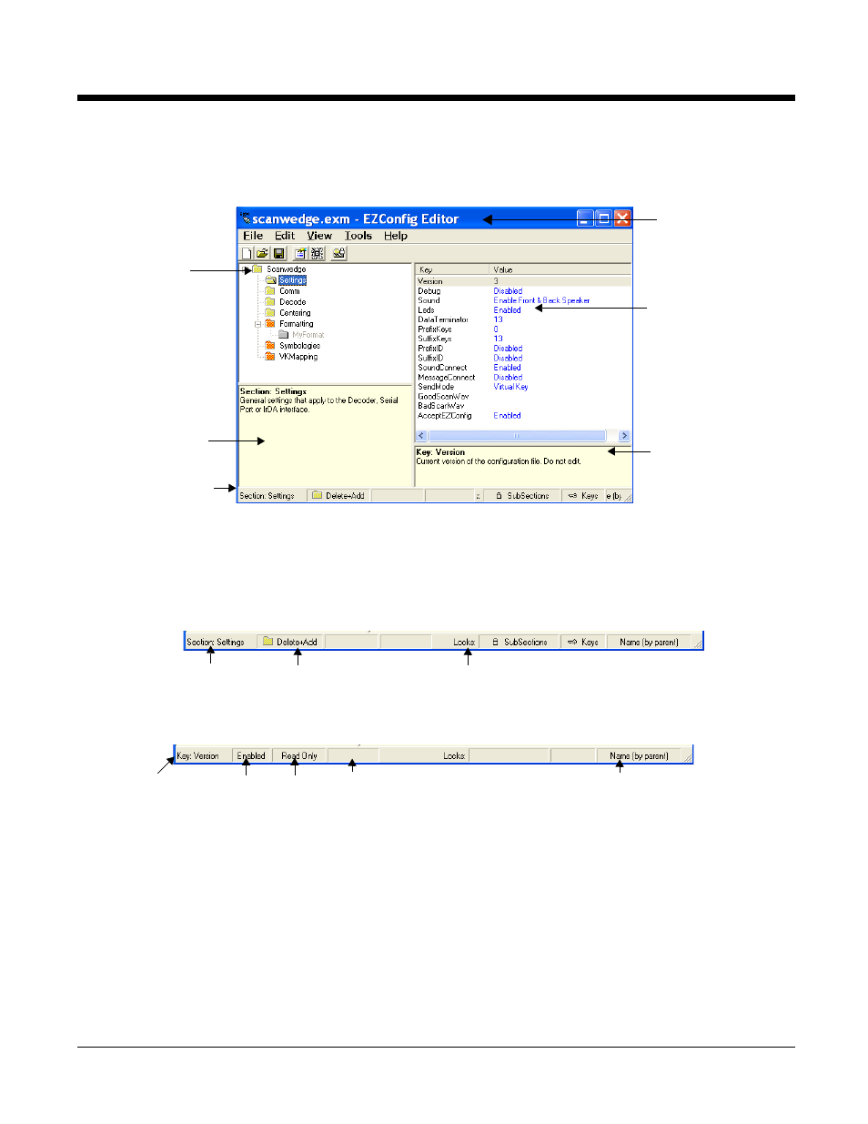 Working with open exm files, Status bar, Selected section | Selected key, Working with sections, Dify exm files, Nu options, see | Honeywell 9900 User Manual | Page 23 / 170