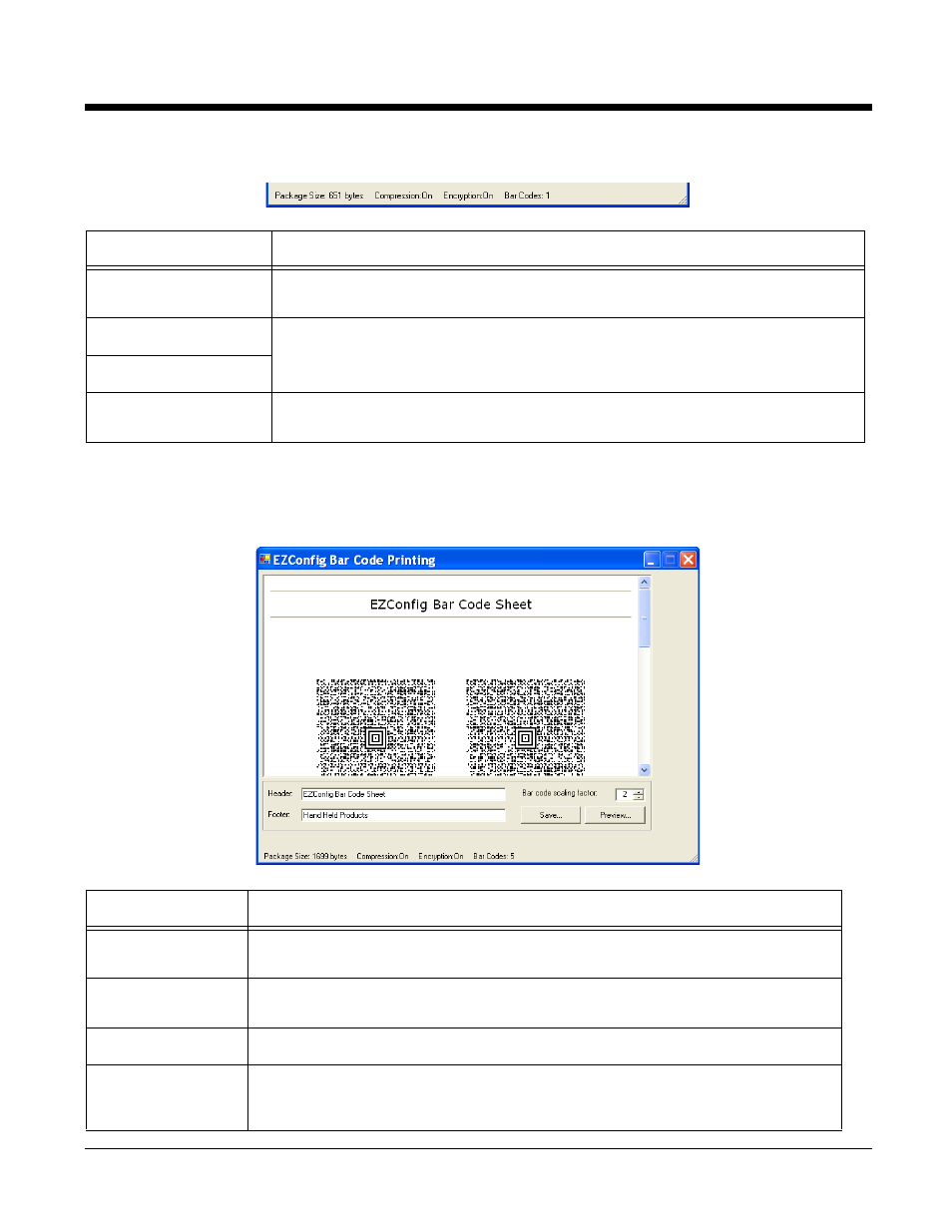 Information at the bottom of tab windows, Printing and saving options, And saved as an html file; see | Printing and, Saving options, Package size, Bar codes | Honeywell 9900 User Manual | Page 42 / 170
