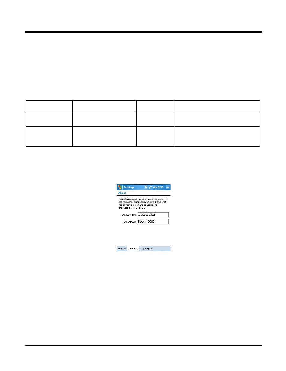 System section, About section, Device id tab | Devicename restrictions, System section -9 | Honeywell 9900 User Manual | Page 63 / 170
