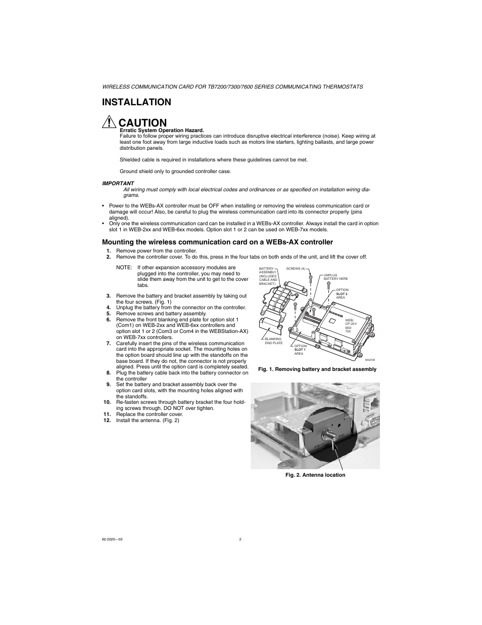 Installation, Caution | Honeywell 7300 User Manual | Page 2 / 4