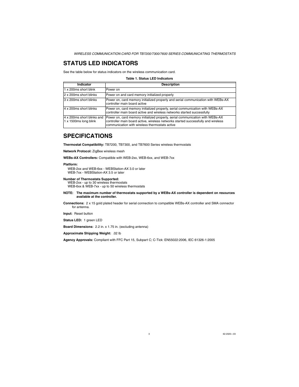 Status led indicators, Specifications | Honeywell 7300 User Manual | Page 3 / 4