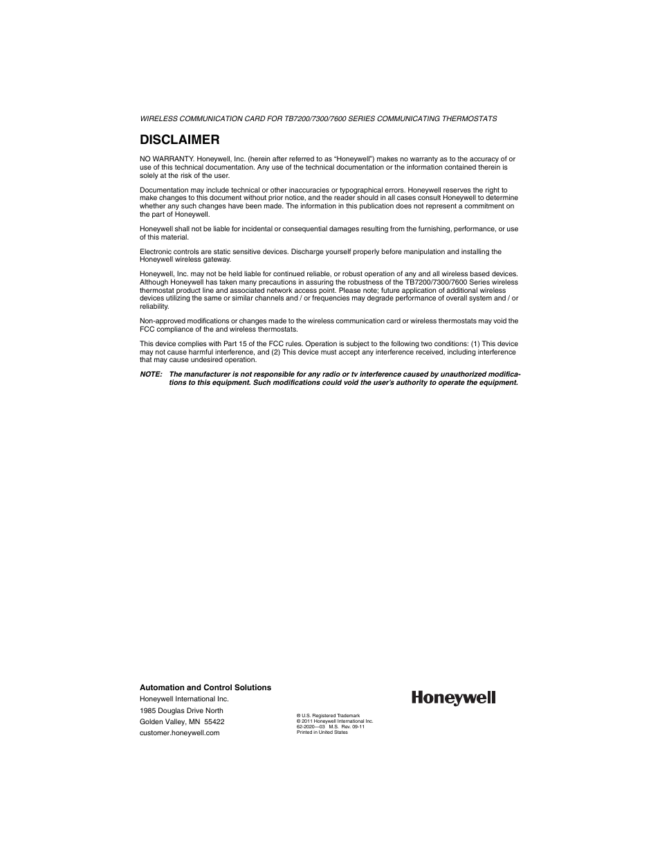 Disclaimer | Honeywell 7300 User Manual | Page 4 / 4