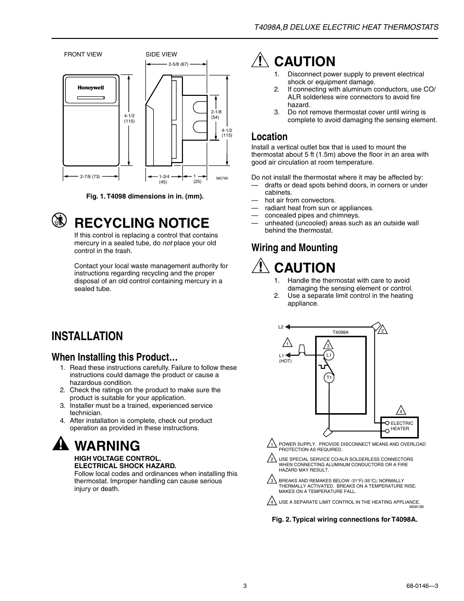 Recycling notice, Warning, Caution | Installation, When installing this product, Location, Wiring and mounting | Honeywell T4098B User Manual | Page 3 / 8