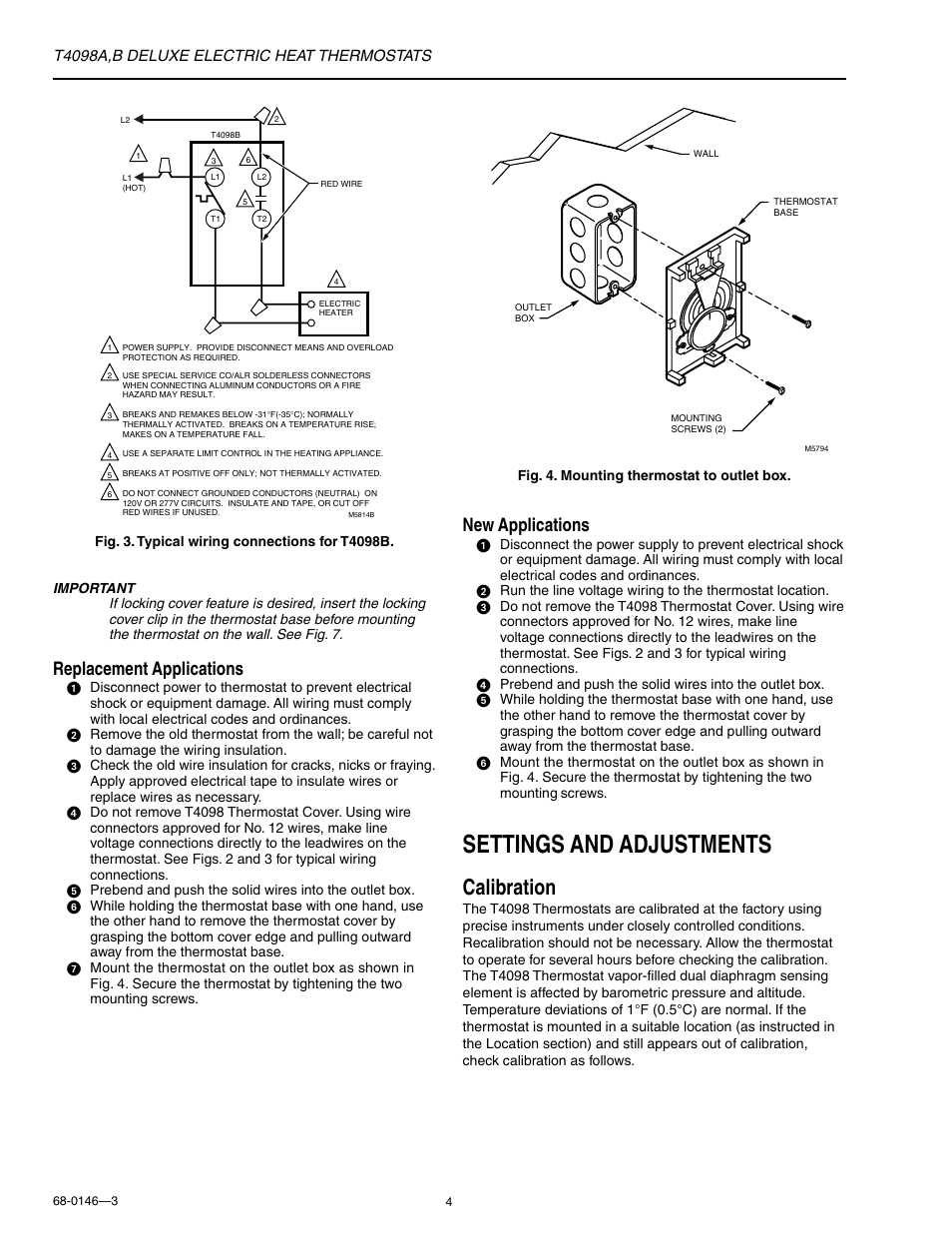 Settings and adjustments, Calibration, Replacement applications | New applications | Honeywell T4098B User Manual | Page 4 / 8