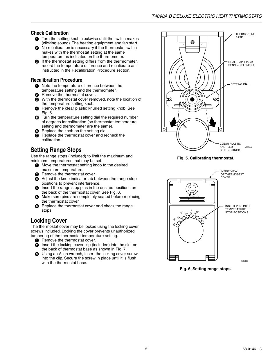 Setting range stops, Locking cover, Check calibration | Recalibration procedure | Honeywell T4098B User Manual | Page 5 / 8