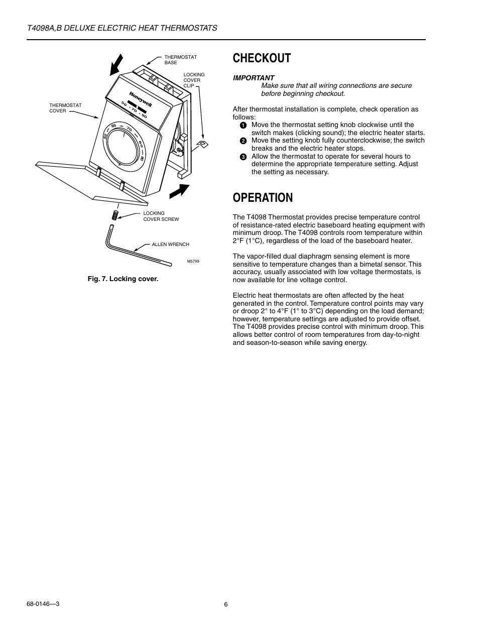 Checkout, Operation | Honeywell T4098B User Manual | Page 6 / 8