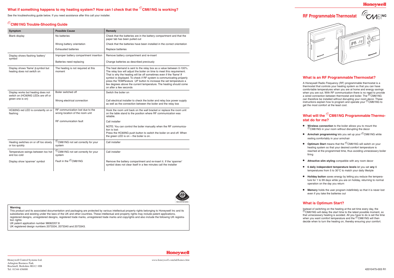 Honeywell RF CM61NG User Manual | 2 pages