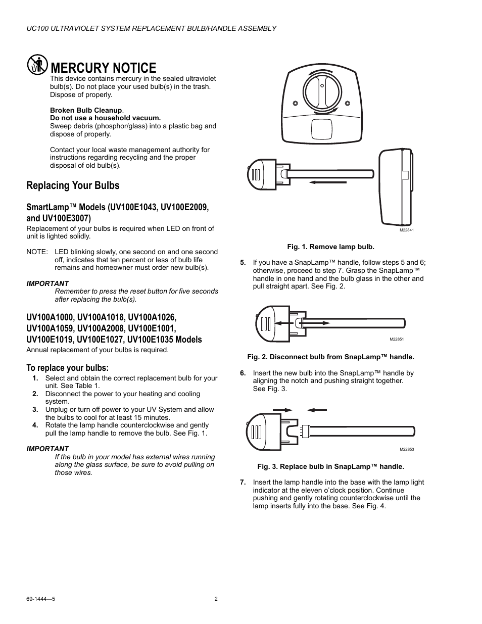 Replacing your bulbs, Mercury notice | Honeywell UC100 User Manual | Page 2 / 4