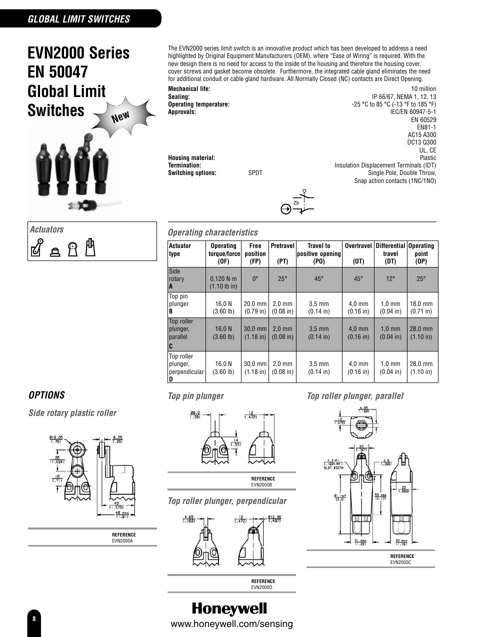 Options, Side rotary plastic roller, Top roller plunger, parallel | Top pin plunger, Top roller plunger, perpendicular, Operating characteristics, Actuators | Honeywell Switches and Sensors User Manual | Page 10 / 148