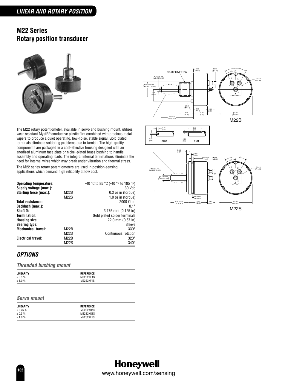 M22 series rotary position transducer, Options, Threaded bushing mount | Servo mount, M22s, M22b | Honeywell Switches and Sensors User Manual | Page 104 / 148