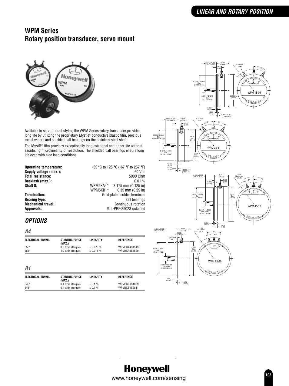 Wpm series rotary position transducer, servo mount, Options | Honeywell Switches and Sensors User Manual | Page 105 / 148