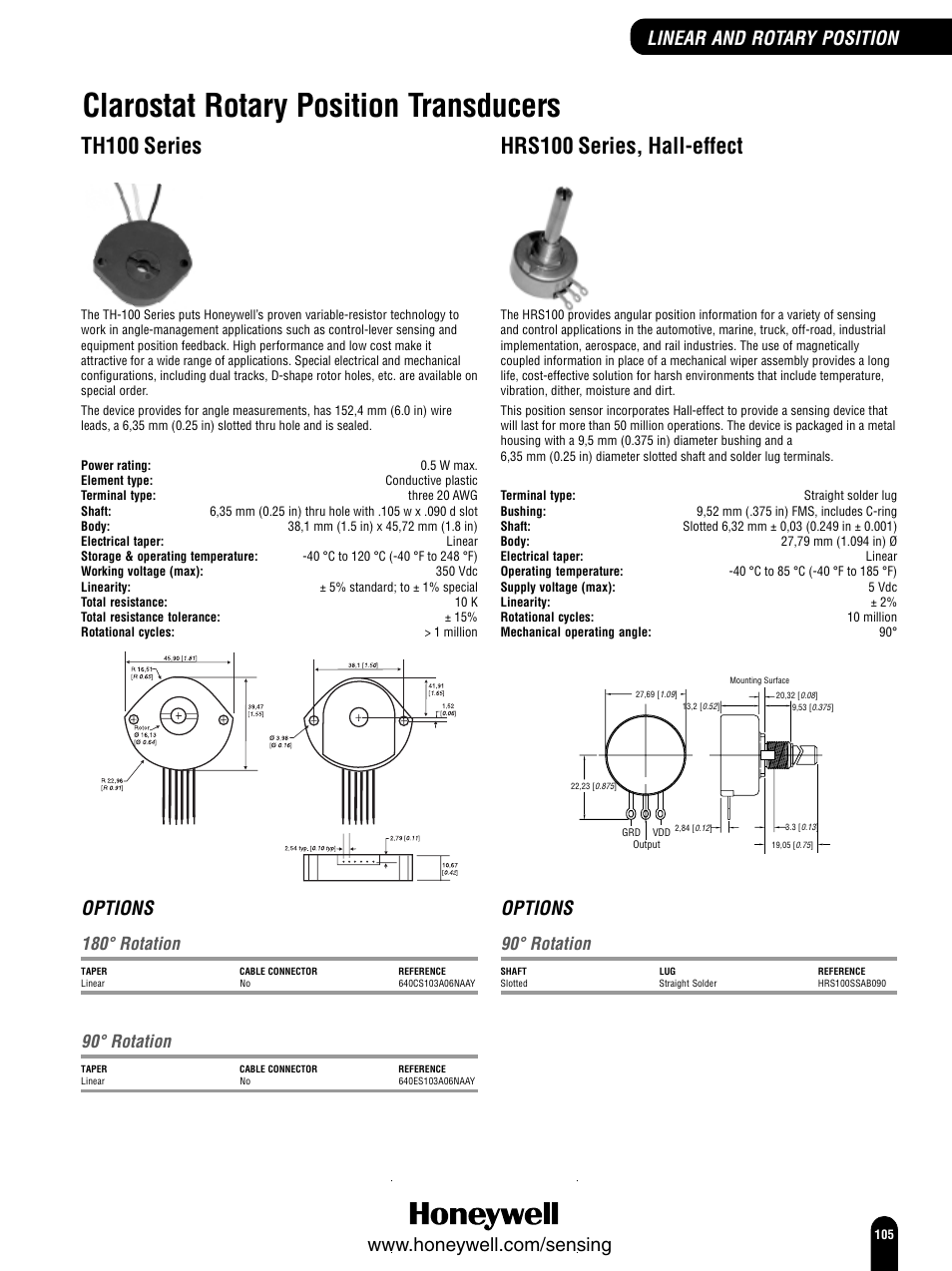 Clarostat rotary position transducers, Th100 series, Hrs100 series, hall-effect | Options, 180° rotation, 90° rotation | Honeywell Switches and Sensors User Manual | Page 107 / 148