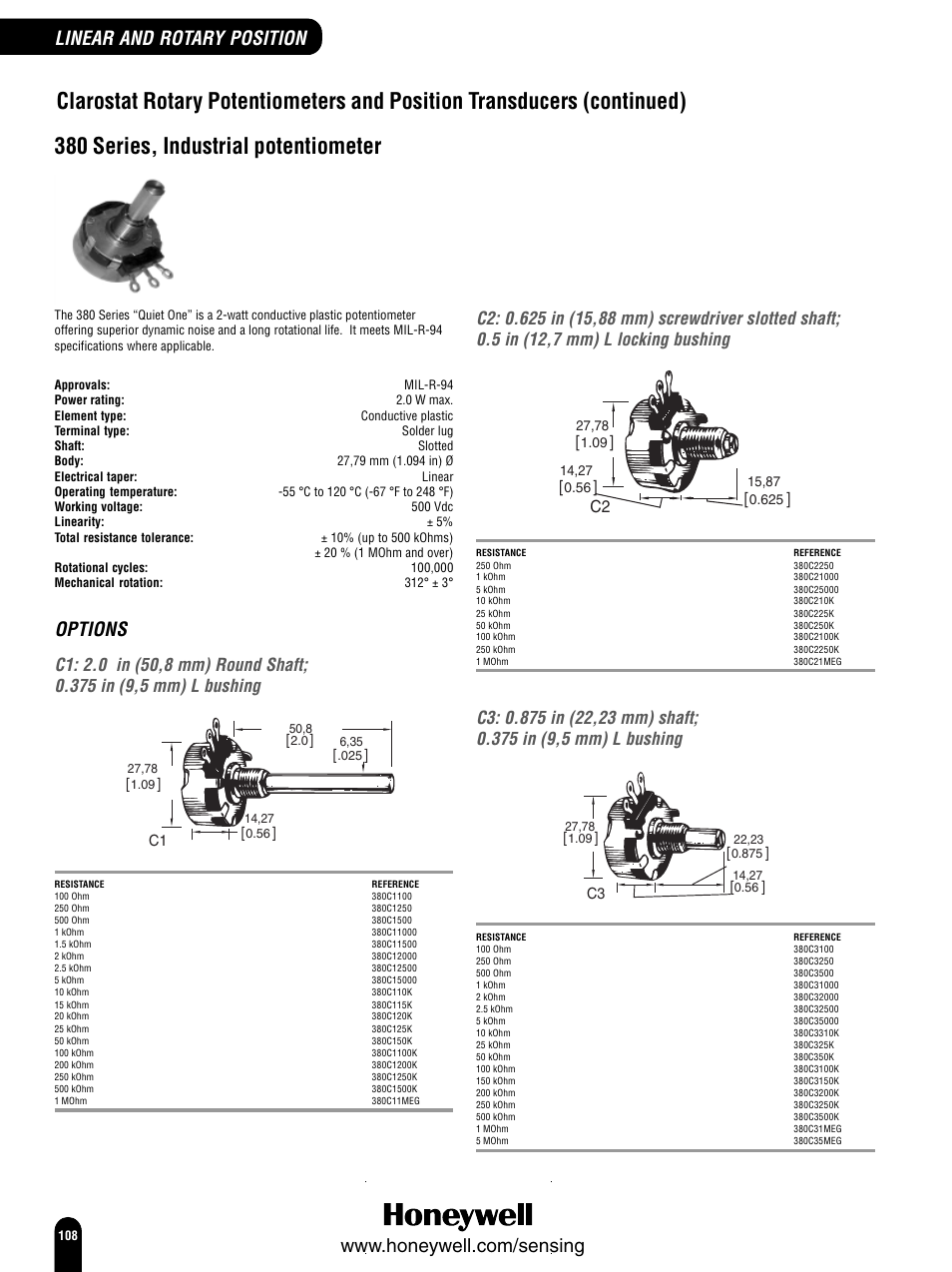 380 series, industrial potentiometer, Options | Honeywell Switches and Sensors User Manual | Page 110 / 148