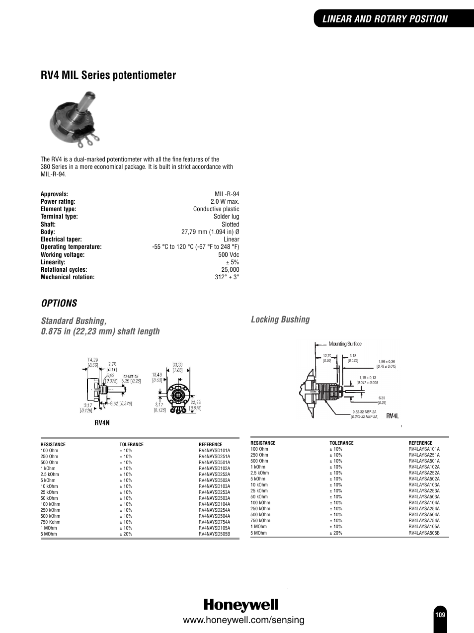 Rv4 mil series potentiometer, Options, Locking bushing | Honeywell Switches and Sensors User Manual | Page 111 / 148