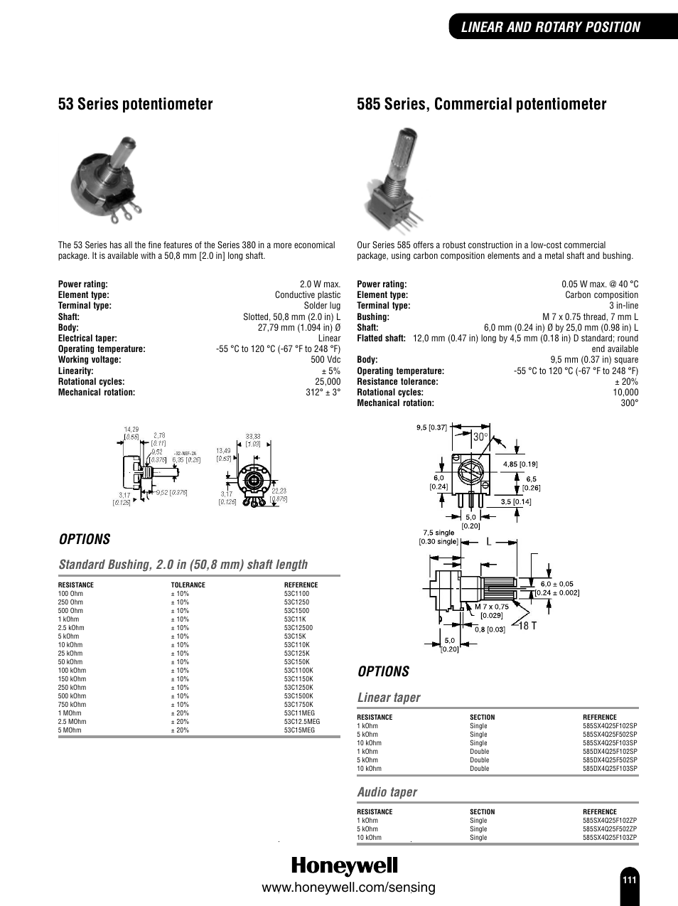 53 series potentiometer, 585 series, commercial potentiometer, Options | Linear taper, Audio taper | Honeywell Switches and Sensors User Manual | Page 113 / 148