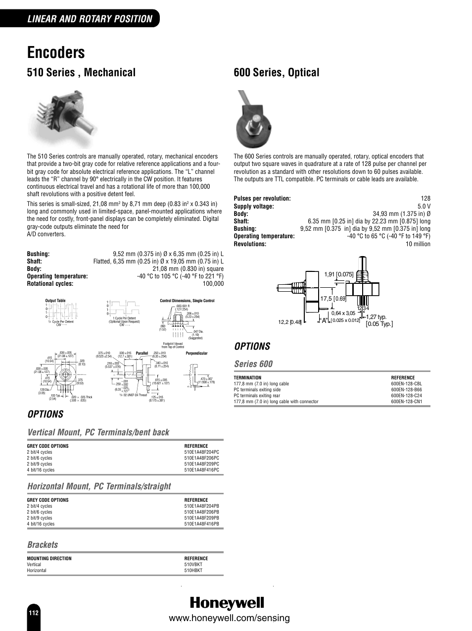 Encoders, 510 series , mechanical, 600 series, optical | Options, Vertical mount, pc terminals/bent back, Horizontal mount, pc terminals/straight, Brackets, Series 600 | Honeywell Switches and Sensors User Manual | Page 114 / 148