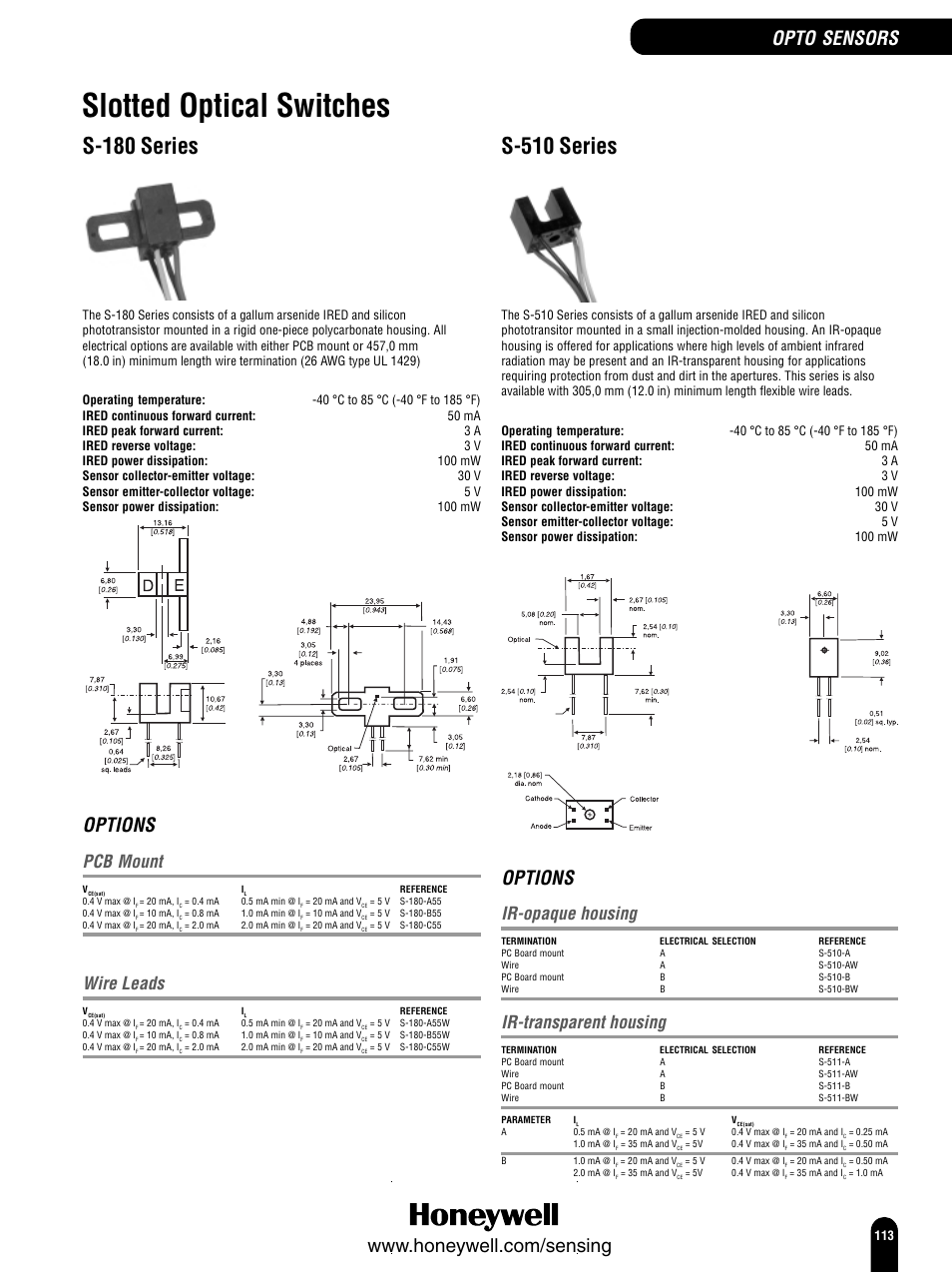 Slotted optical switches, S-510 series, S-180 series | Options, Opto sensors, Ir-opaque housing, Ir-transparent housing, Pcb mount, Wire leads | Honeywell Switches and Sensors User Manual | Page 115 / 148