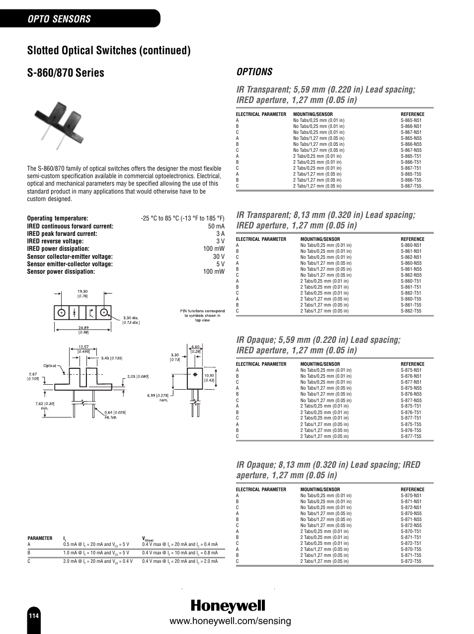 Slotted optical switches (continued), Options, Opto sensors | Honeywell Switches and Sensors User Manual | Page 116 / 148
