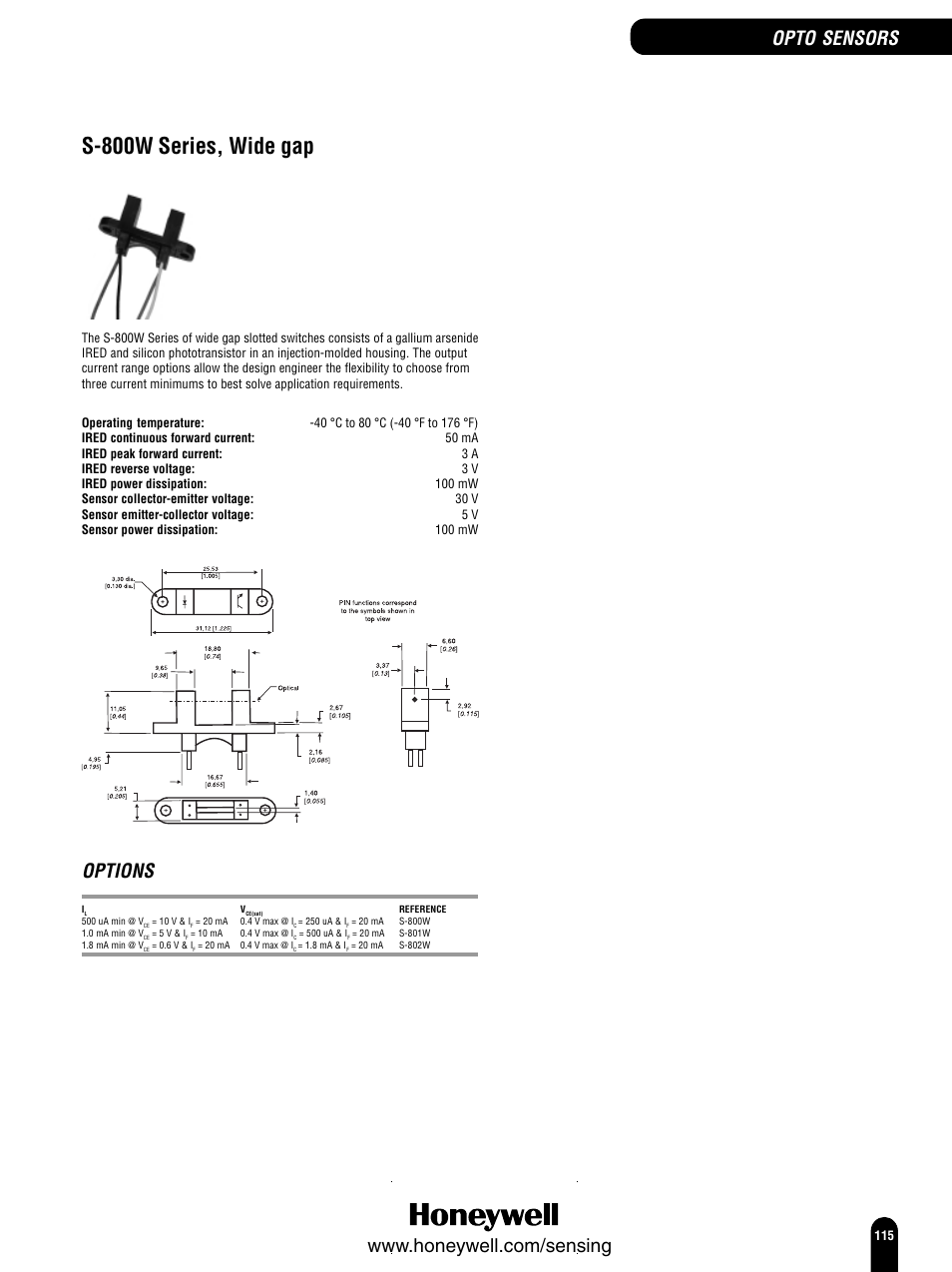S-800w series, wide gap, Options, Opto sensors | Honeywell Switches and Sensors User Manual | Page 117 / 148
