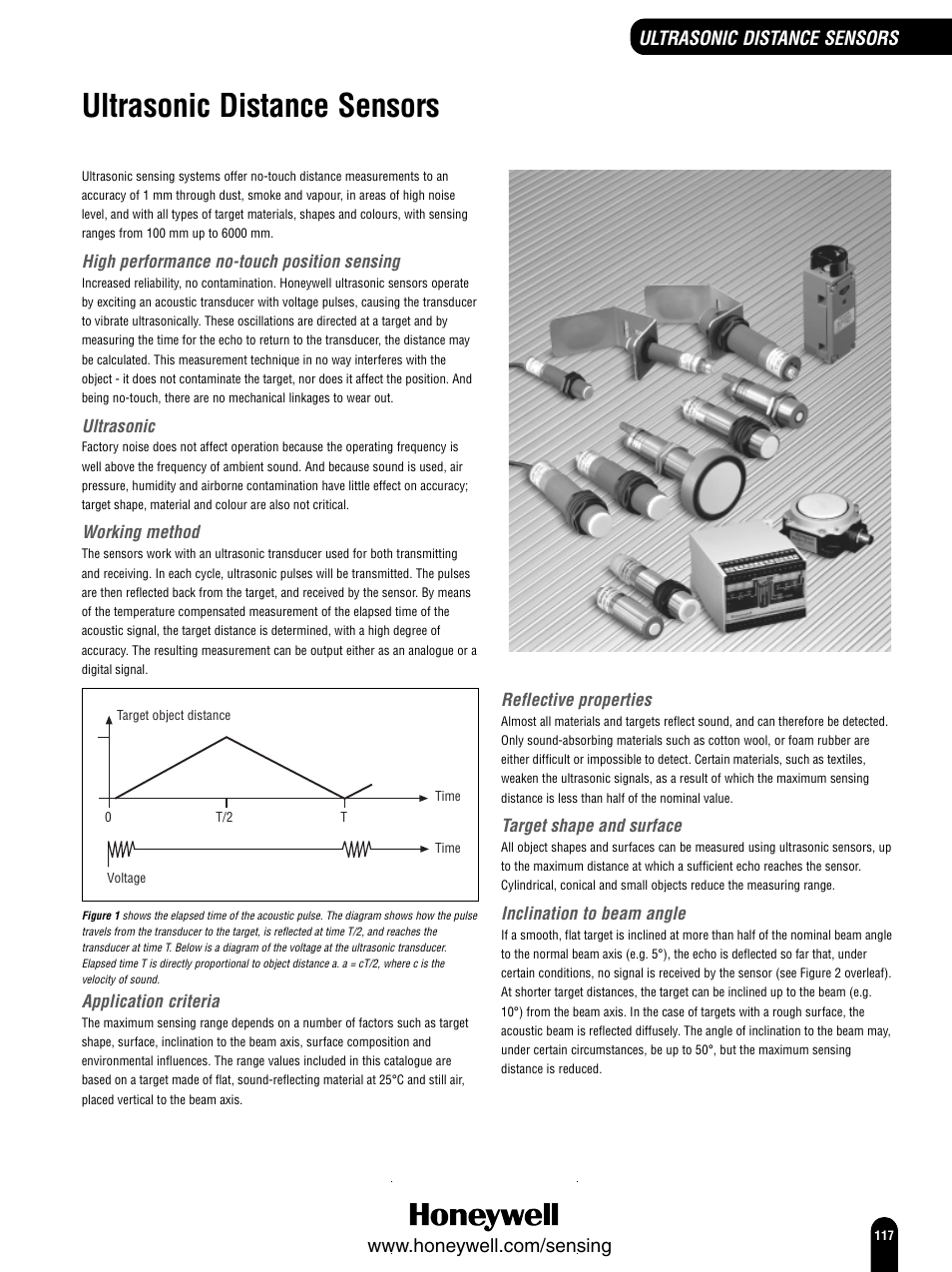 Ultrasonic distance sensors, High performance no-touch position sensing, Ultrasonic | Working method, Application criteria, Reflective properties, Target shape and surface, Inclination to beam angle | Honeywell Switches and Sensors User Manual | Page 119 / 148