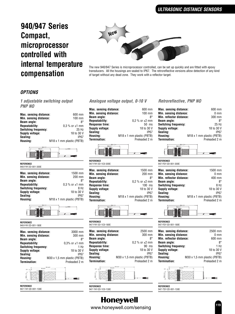 Options, 1 adjustable switching output pnp no, Analogue voltage output, 0-10 v | Retroreflective, pnp no | Honeywell Switches and Sensors User Manual | Page 121 / 148