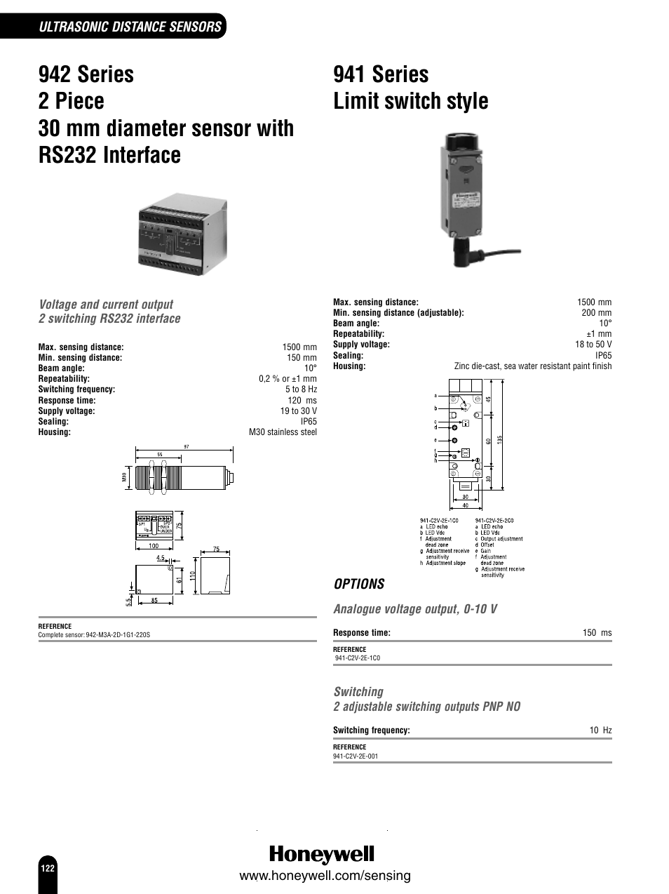941 series limit switch style, Options, Analogue voltage output, 0-10 v | Switching, 2 adjustable switching outputs pnp no | Honeywell Switches and Sensors User Manual | Page 124 / 148