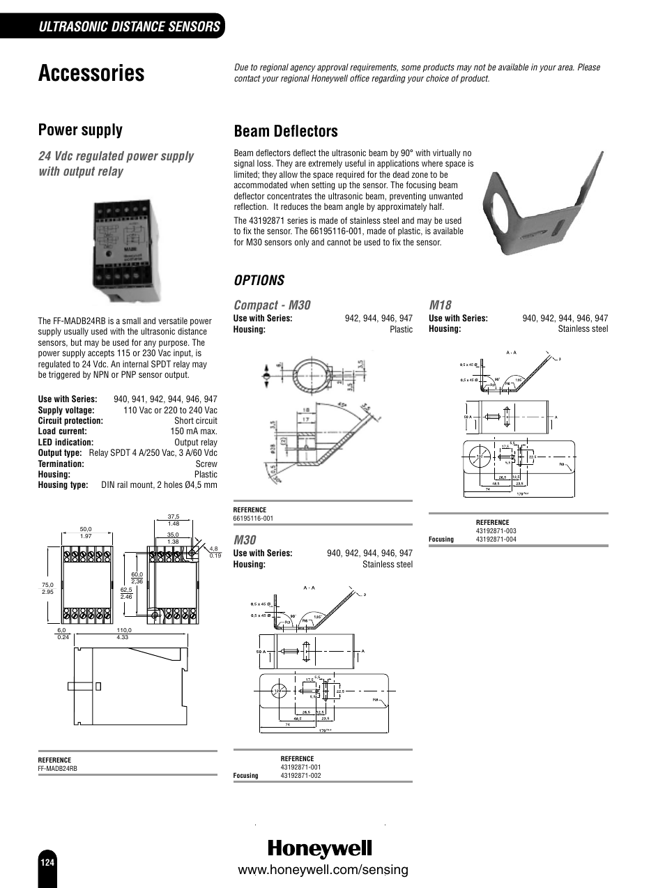 Accessories, Power supply, Beam deflectors | Options, 24 vdc regulated power supply with output relay, Compact - m30 | Honeywell Switches and Sensors User Manual | Page 126 / 148